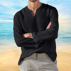 Men’s Shirt Long Sleeve Cotton Linen T-shirt V-Neck Solid Breathable Casual NEW