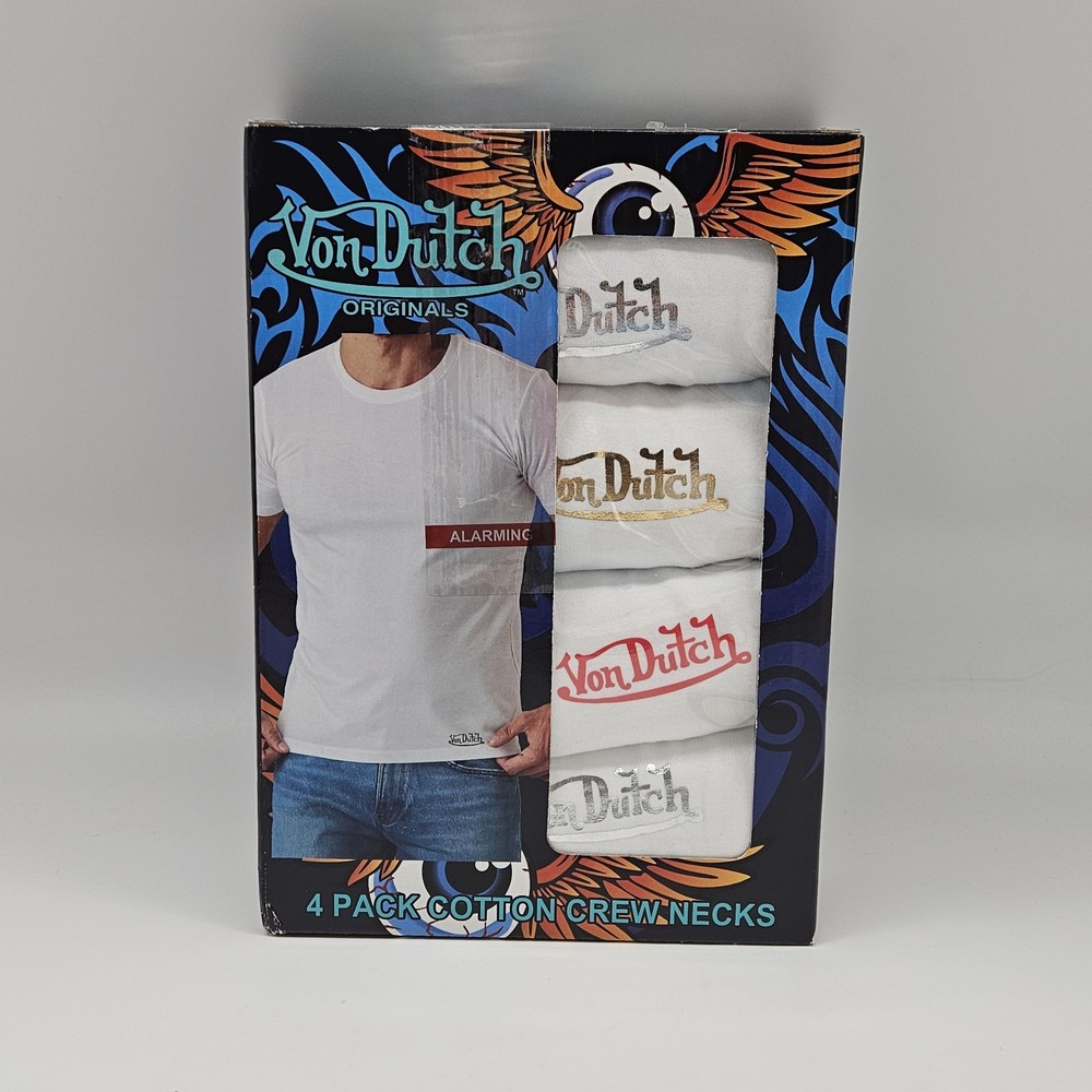4 Pack VON DUTCH White Cotton Crew Neck T-Shirt Set Men’s S M L