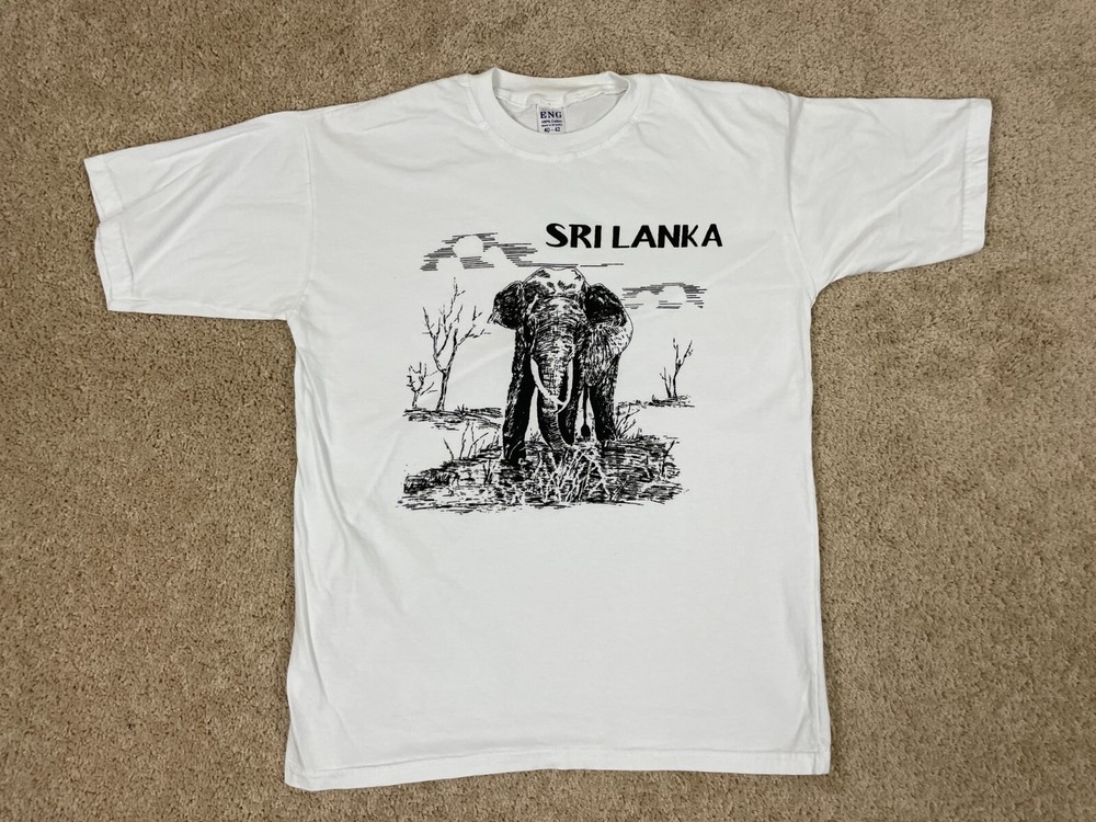 ENG T-Shirt Mens Large Regular Fit Crew Neck Sri Lanka Wildlife Elephant White