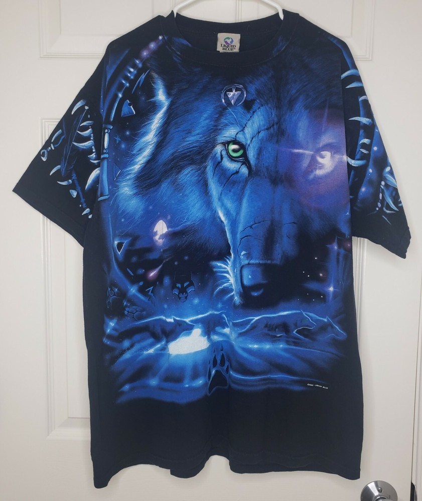 Vintage Liquid Blue Wolf Tee 2XL Shirt 2001 Great Wolf Lodge 2 Sided
