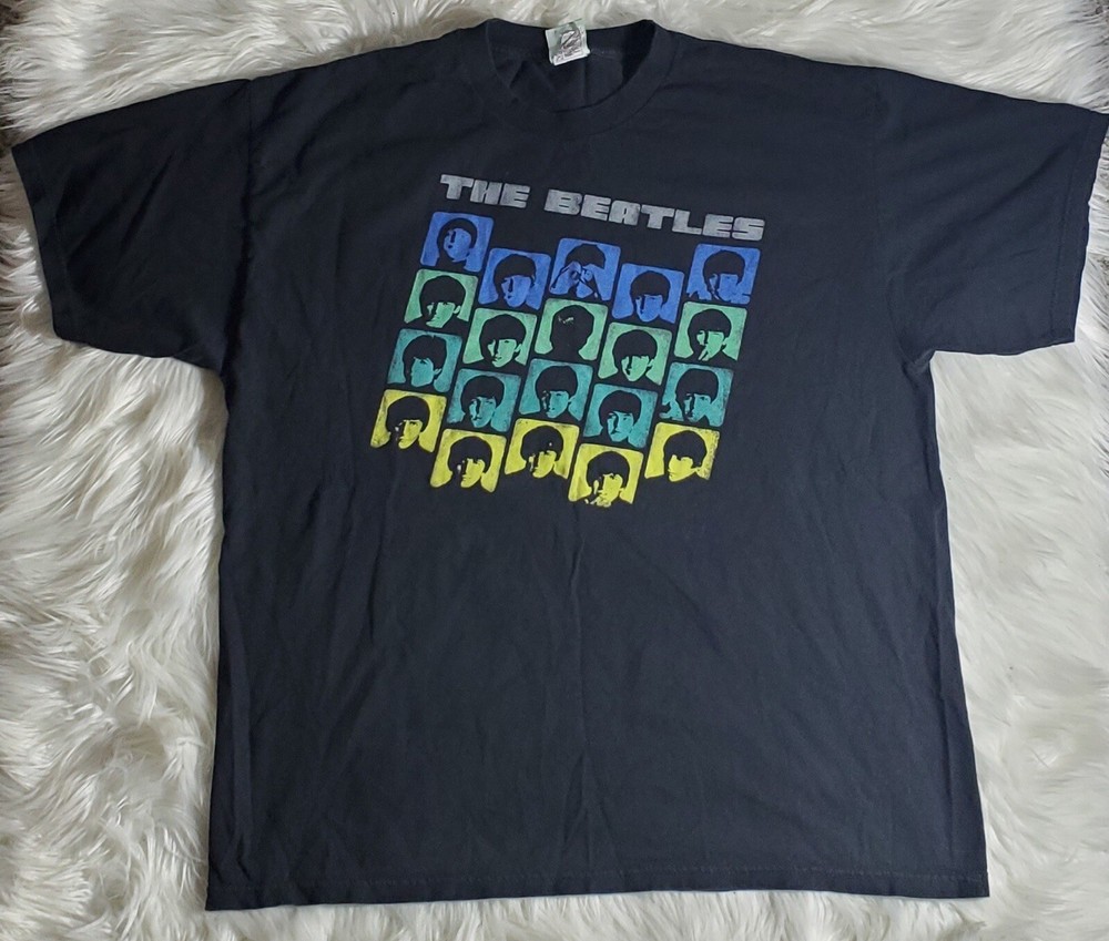 THE BEATLES Adult XL Black T-shirt John Paul George Ringo Faces Colorful Square