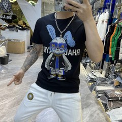 New Fashion Hot Drill Rabbit Cartoon Rhinestones Trend Summer Luxury Men T-Shirt