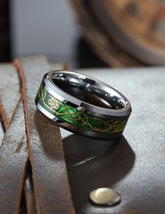 8mm Silver Claddagh Tungsten Rings, Men’s Wedding Rings Inlay Beveled Edge Ce…