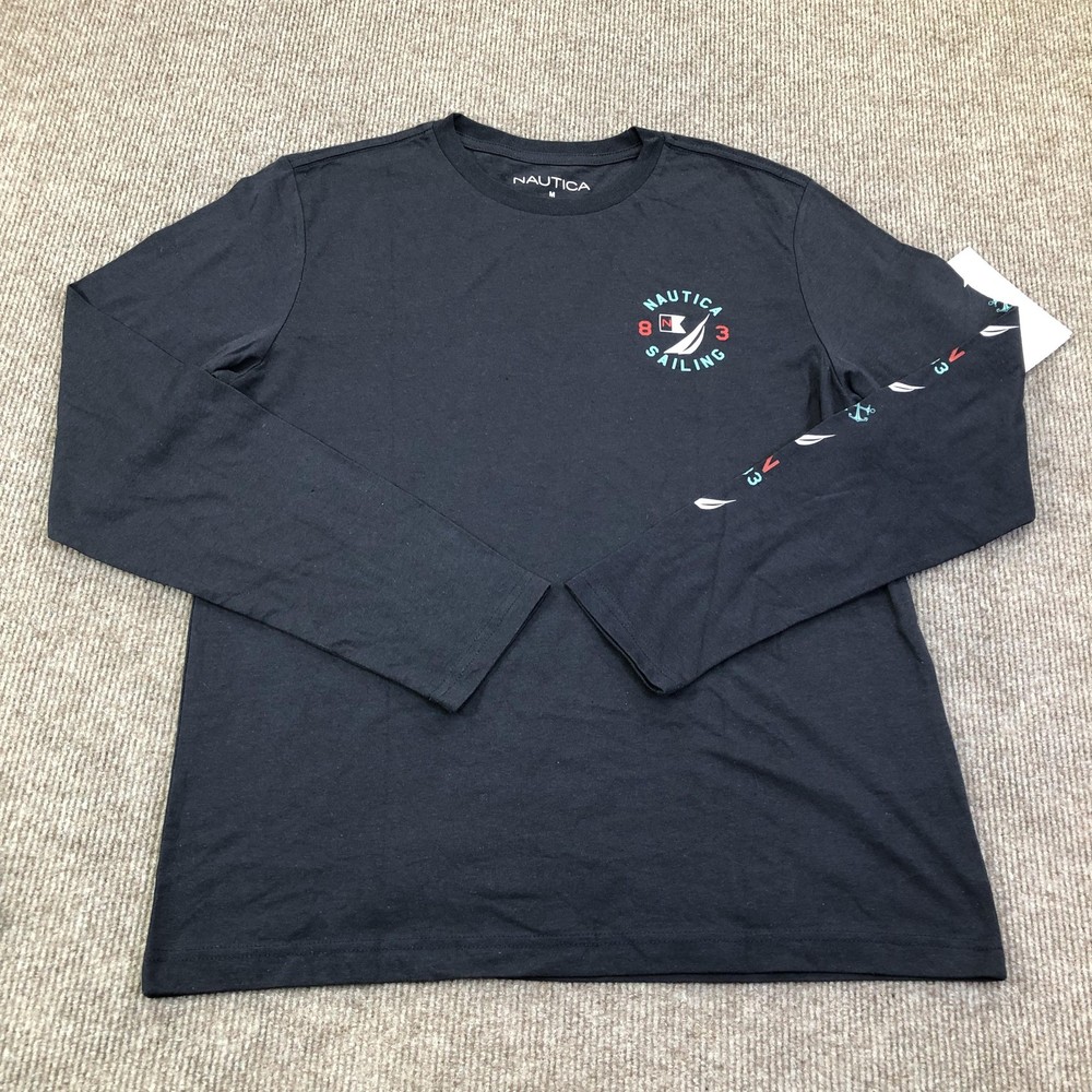 Nautica Shirt Mens Medium Blue Sailing Graphic Tee Tagless Nautical Long Sleeve