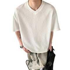 Men’s V Neck Short Sleeve T Shirt Loose Fit Pure Color Texture Casual Top