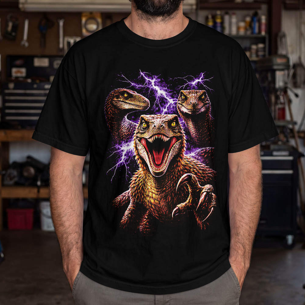 Three Raptor Moon T-Shirt Funny Dinosaur Meme Graphic Tee Black Lightning Unisex