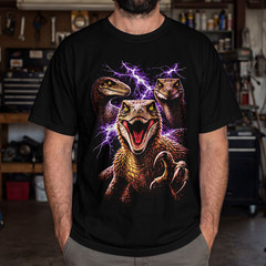 Three Raptor Moon T-Shirt Funny Dinosaur Meme Graphic Tee Black Lightning Unisex