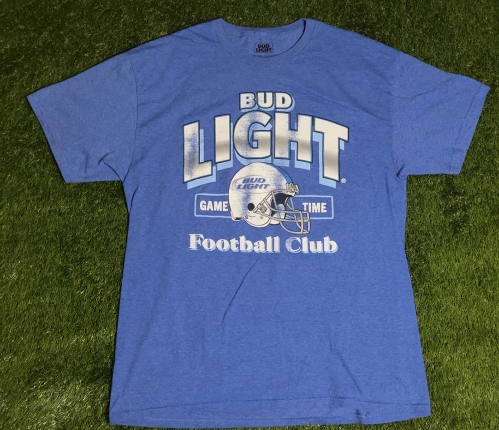 Bud Light Football Club Shirt Mens Large Blue Game Time Helmet 82 Beer Promo Tee