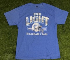 Bud Light Football Club Shirt Mens Large Blue Game Time Helmet 82 Beer Promo Tee