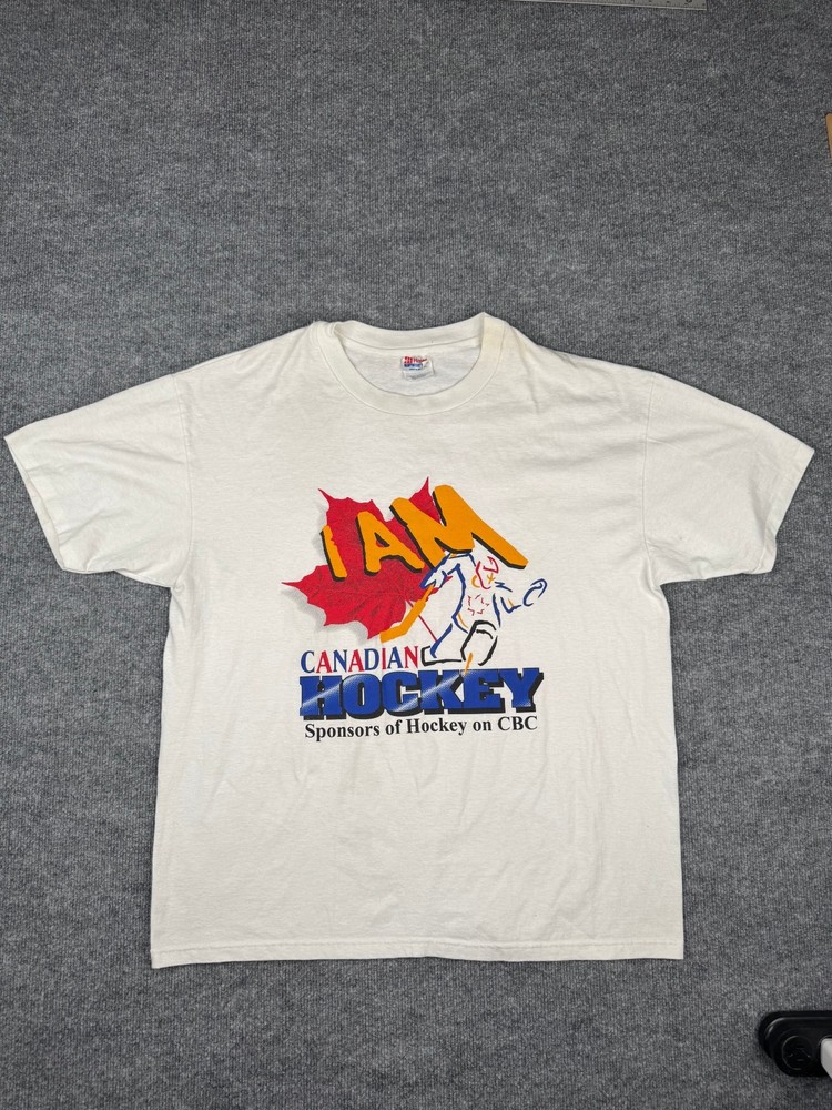 Vintage 90s I Am Canadian Hockey CBC T-Shirt Hanes Heavyweight XL 50/50