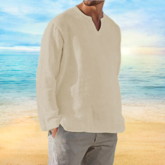 Men’s Shirt Long Sleeve Cotton Linen T-shirt V-Neck Solid Breathable Casual NEW