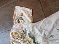 Laura Lance Embellished Art Deco T Shirt Beige Beaded Leaf Graphic Top