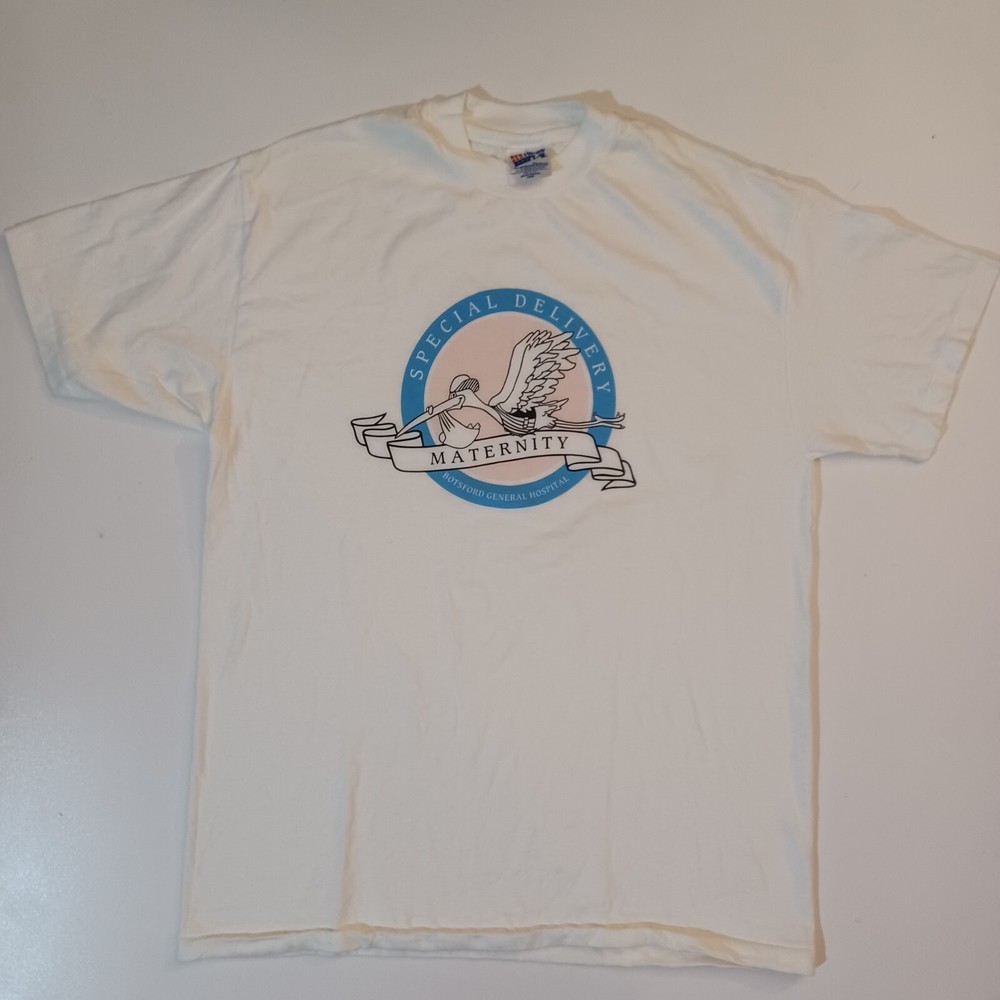 Vtg Hanes Beefy-T Maternity Baby Stork USA Single Stitch Shirt Sz L Botsford MI