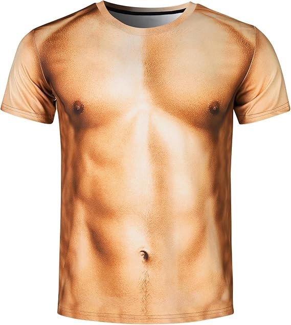 Men’s 3D Muscle Chest T-Shirt Size Medium Stretch Spandex Novelty Graphic Tee