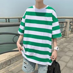 Men O Neck Short Sleeve Wide Striped T-Shirts Casual Loose Fit Blouse Tops Tee