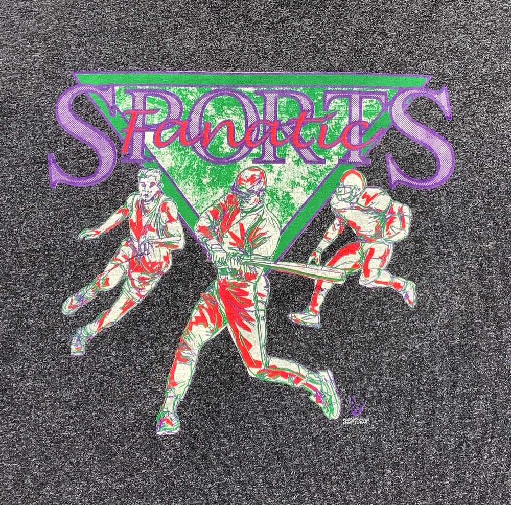 Vtg 80s 90s Sports Fanatic T Shirt Baseball Football Basketball Art Large