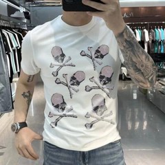 New Men Luxury Rhinestones Gothic Fashion Skull Black White T-Shirt High Quality