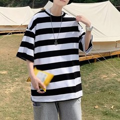 Men O Neck Short Sleeve Wide Striped T-Shirts Casual Loose Fit Blouse Tops Tee