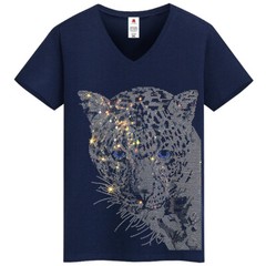 Men Fashion Diamonds T-Shirt Leopard Print Rhinestones Hot Drill Short Sleeve