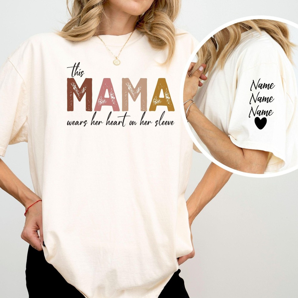 Personalized Mama Wears Her Heart on Her Sleeve T-Shirt Mom Gift