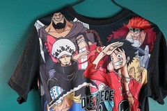 One Piece Anime Men’s Shirt Short Sleeve Black Satin Front XL