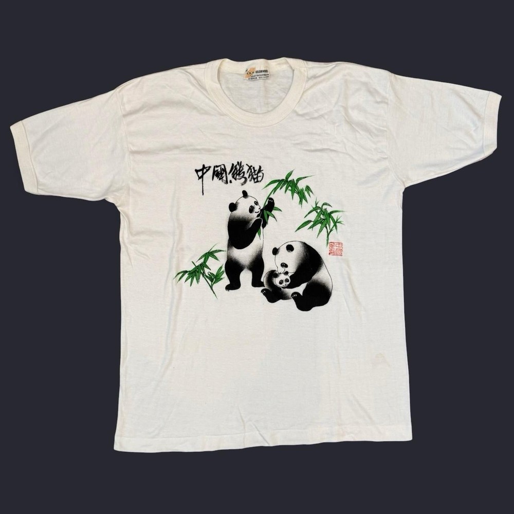 Vintage Golden Wheel Panda Graphic Ringer Tee Adult Size Large Nature 70s 80s