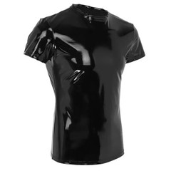 Men PU Leather Wetlook PVC Clubwear Short Sleeve Shiny T-Shirt Top Stage Costume
