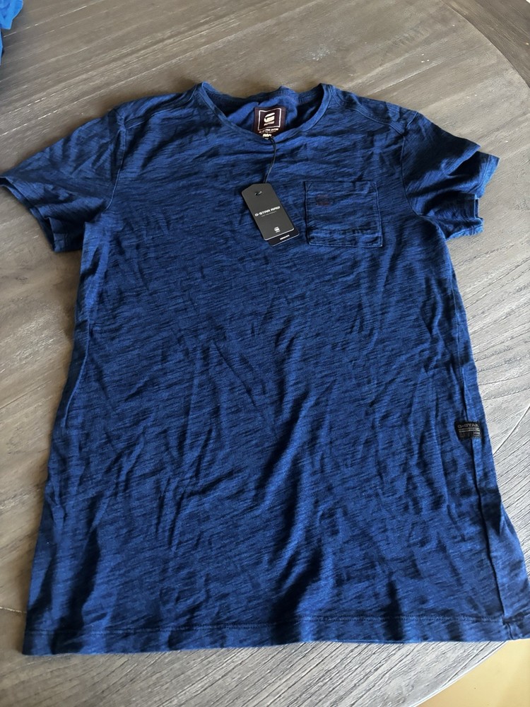 G-Star RAW Mens Evin Round Neck T-Shirt MEDIUM Blue Patch Pocket Straight Hem
