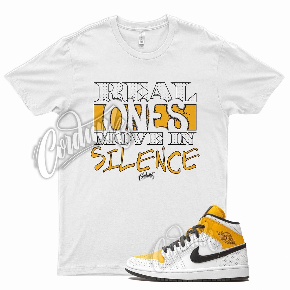 White REAL T Shirt for Air J1 1 Mid Perforated University Gold Black Yellow