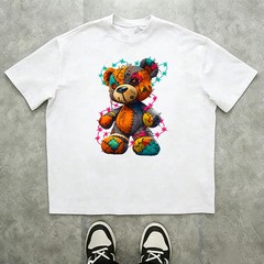 Men’s Loose Street Style T-Shirt — Colorful Patchwork Teddy Bear Graffiti