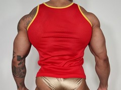 MESH RED TANK TOP WITH GOLD TRIM “METCALF TRACK” MEDIUM