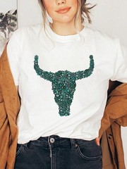 Western Turquoise Longhorn Tee Women’s Short Sleeve Spring Summer