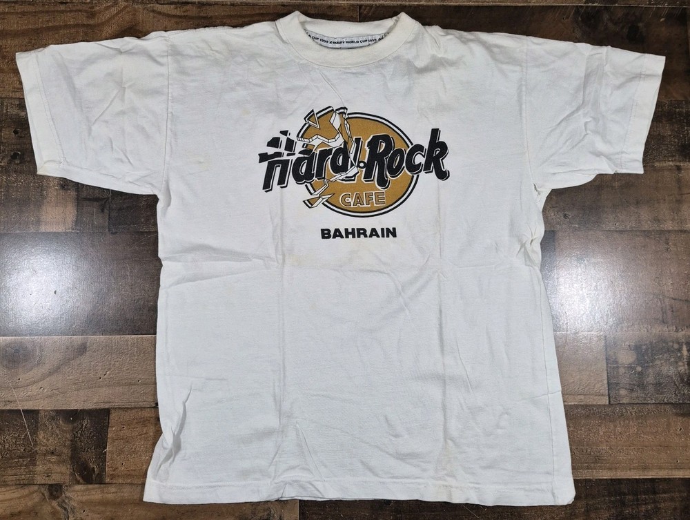 Vintage 90s Hard Rock Rugby World Cup Shirt Mens Medium White 1999 Bahrain