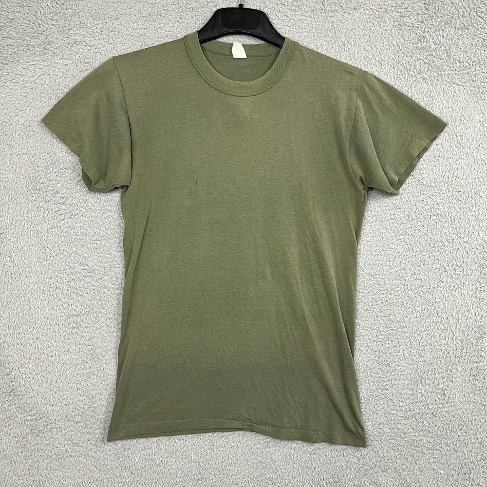 VTG Army Green T Shirt Single Stitch Olive MZRS 16.5” PTP Military Distress 70s