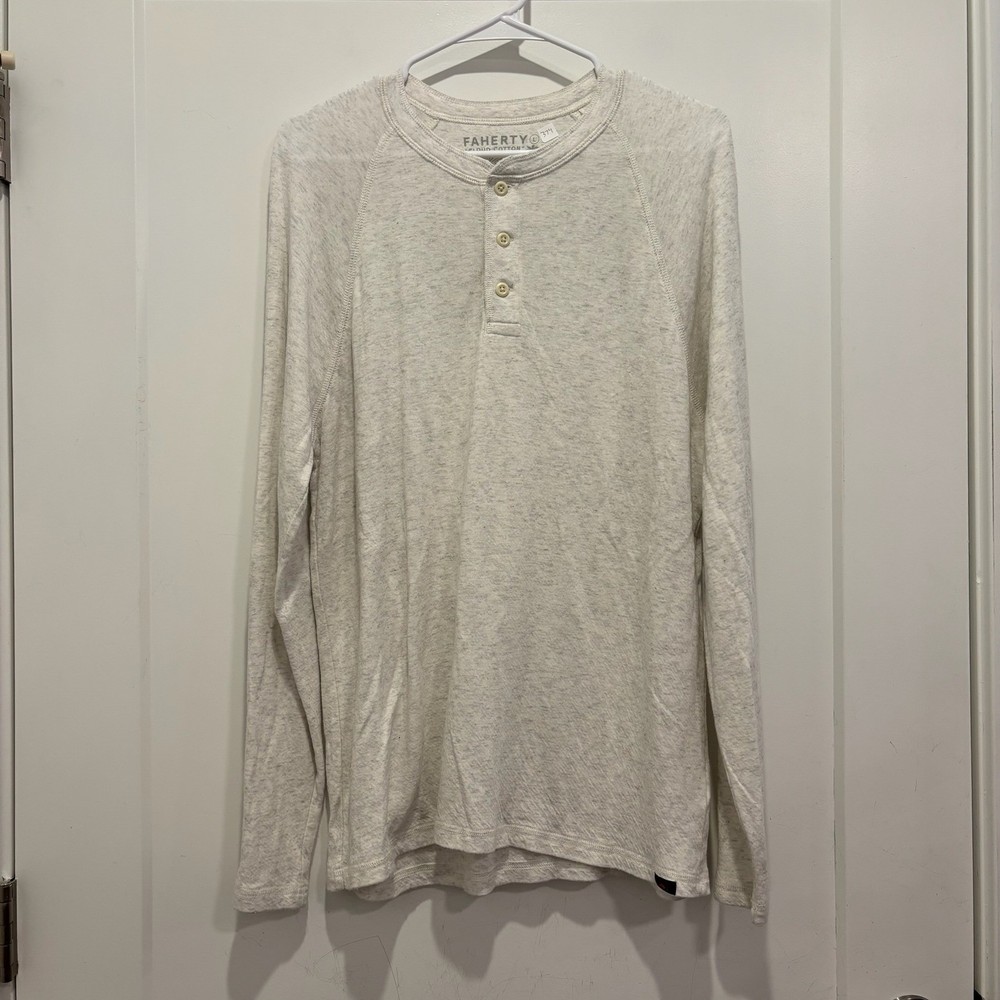 Faherty Cloud Cotton Henley Large Oatmeal Heather Grey Long Sleeve Pima Modal