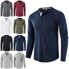 Mens Casual Henley T-shirt Solid Slim Fit Button Pullover Long Sleeve Tops Tunic