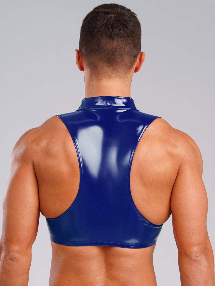 Mens Glossy Cropped Vest Wet Look Patent Leather Crop Top Shirt Clubwear Tee