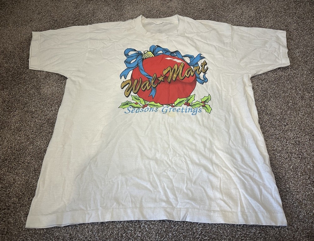 Vintage Walmart Seasons Greetings T Shirt Mens L White 90s Christmas Single Stch