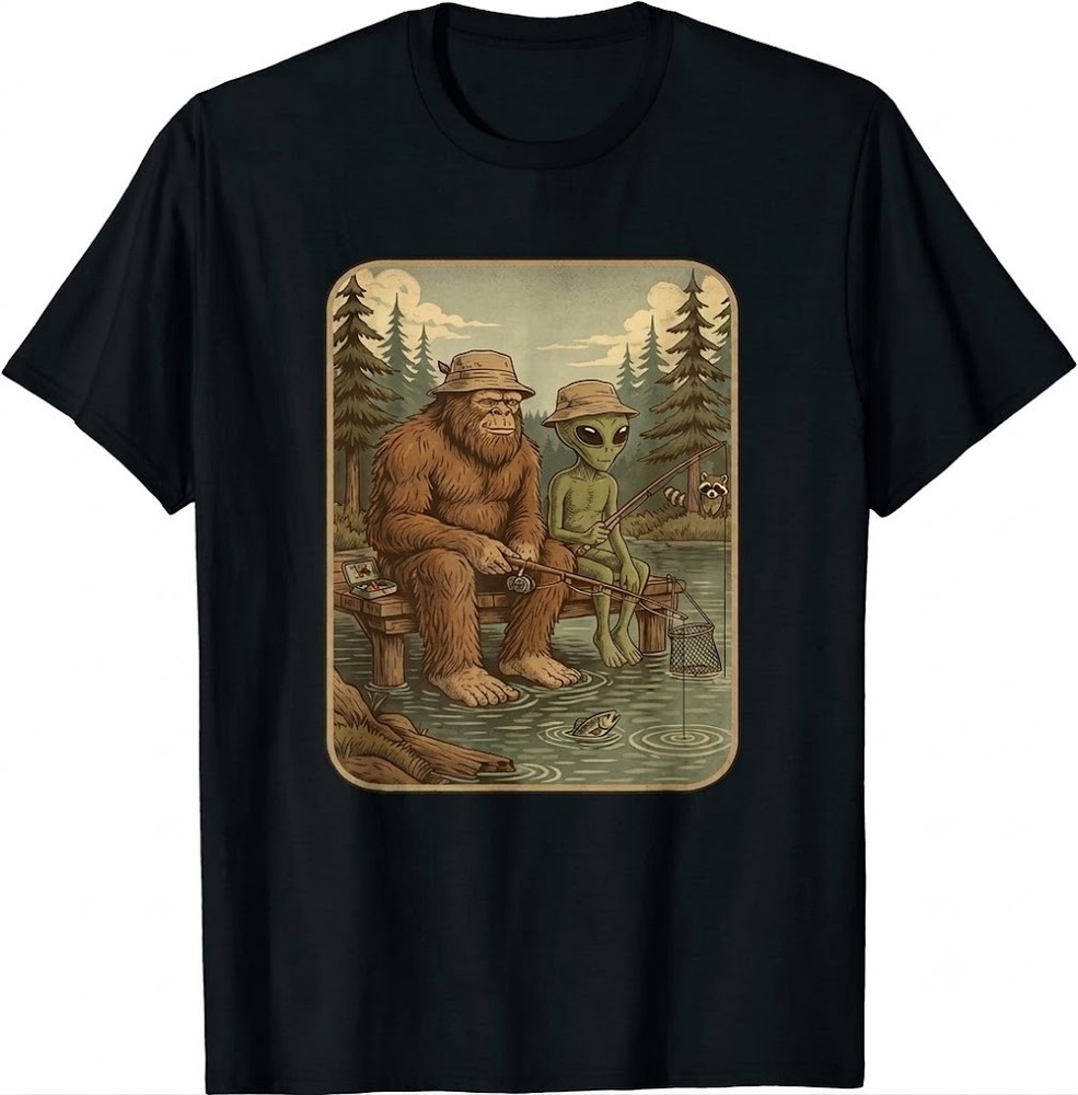 Bigfoot Alien Fishing T-Shirt Funny Cryptid Hiking Nature Tee Apparel