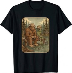 Bigfoot Alien Fishing T-Shirt Funny Cryptid Hiking Nature Tee Apparel
