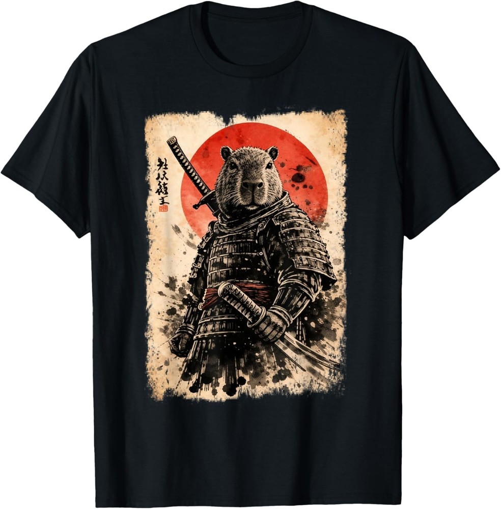 Samurai Capybara Sun Japanese Art T-Shirt Vintage Capybara Graphic Youth Adult
