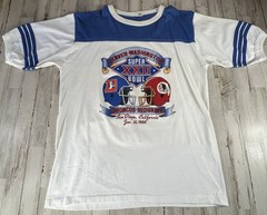 Super Bowl XXII Championship Commanders vs Broncos White and Blue Ringer T-shirt