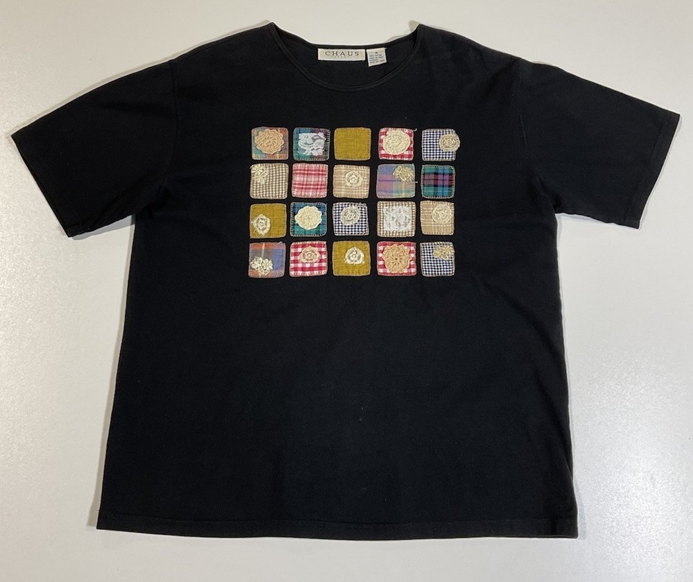 Vintage Chaus Patchwork Art T Shirt Sz M Cottagecore Grandma Lace Floral 90s