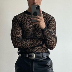 For Layering Men Mesh Tee Hollow Out Top High Street Style Mesh Fabric Loose Fit