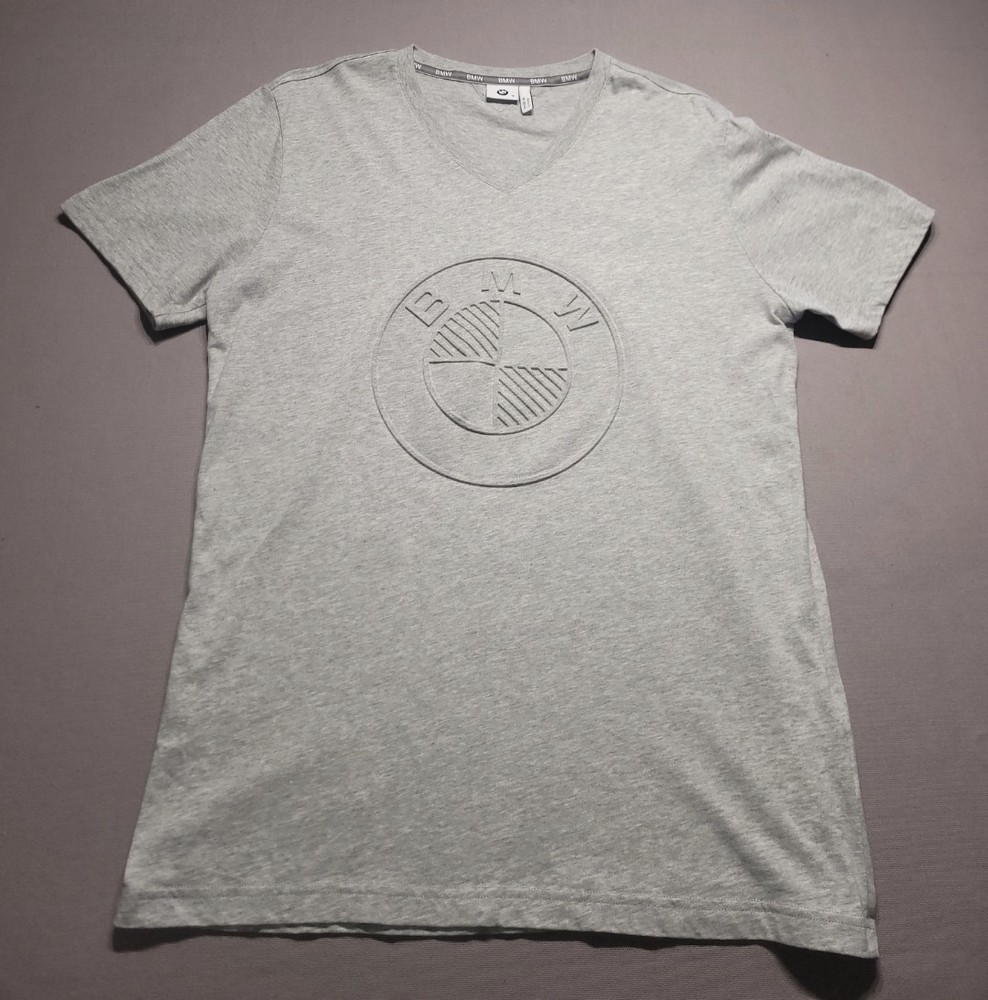 BMW Men’s M Gray V-Neck T-Shirt Tonal Raised Logo 100% Cotton Made Turkey