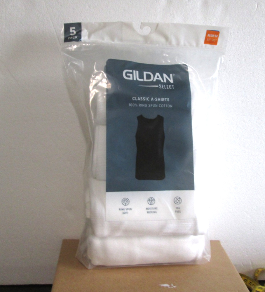 New Men’s Gildan Select 5 Pack Tag Free White Cotton A-Shirts Tank Tops M 38-40