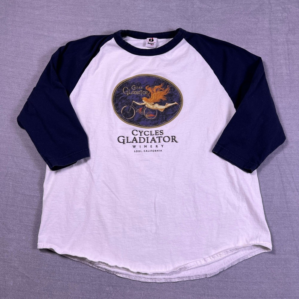 Badger Sport Cycles Gladiator Winery Baseball T-Shirt Mens Large White Blue