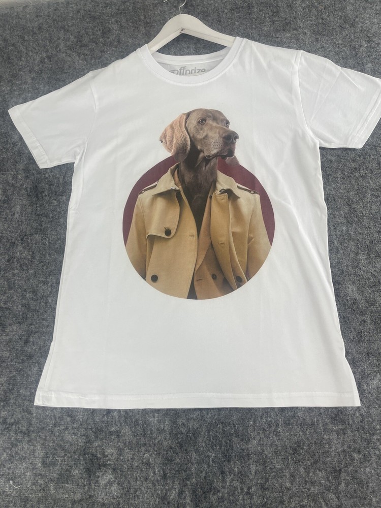 Off Prize Shirt Mens Medium Tee Dog Print White Slim Fit Cartoon Mafia Boss N131