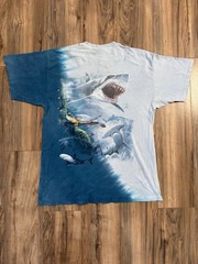 Vintage Y2K 2000 Padre Texas Sharks Aquatic Sea Turtle Blue Tie Dye Shirt XL AOP