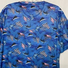 Reel Legends T-shirt Tee Mens Blue Sz M Reel Tec Flag Fish All Over Patriotic